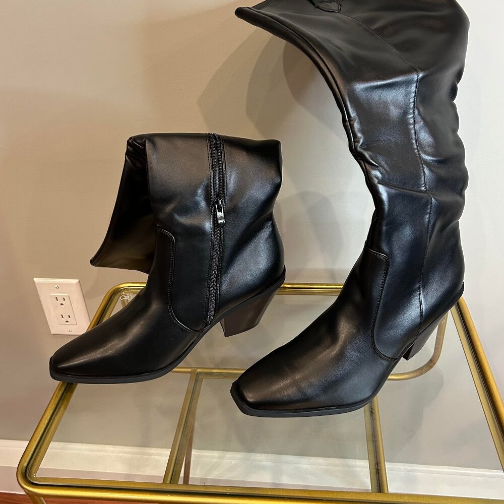 Women's Side Zipper Knee High Boots Square Toe Comfortable Long Black Leather